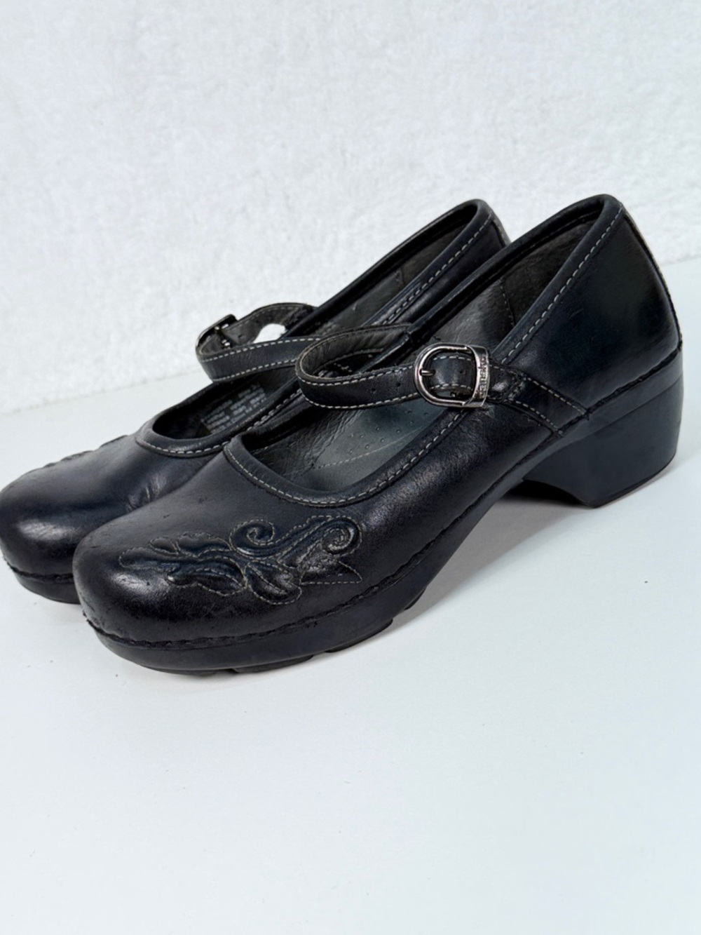Dansko Black Leather Mary Jane Clogs Floral Comfort Shoes EU 39 size 8.5 - 9